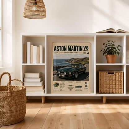 Aston Martin V8 Vantage Coastal Drive Poster – Affiche Automobile Vintage British GT & Road Trip