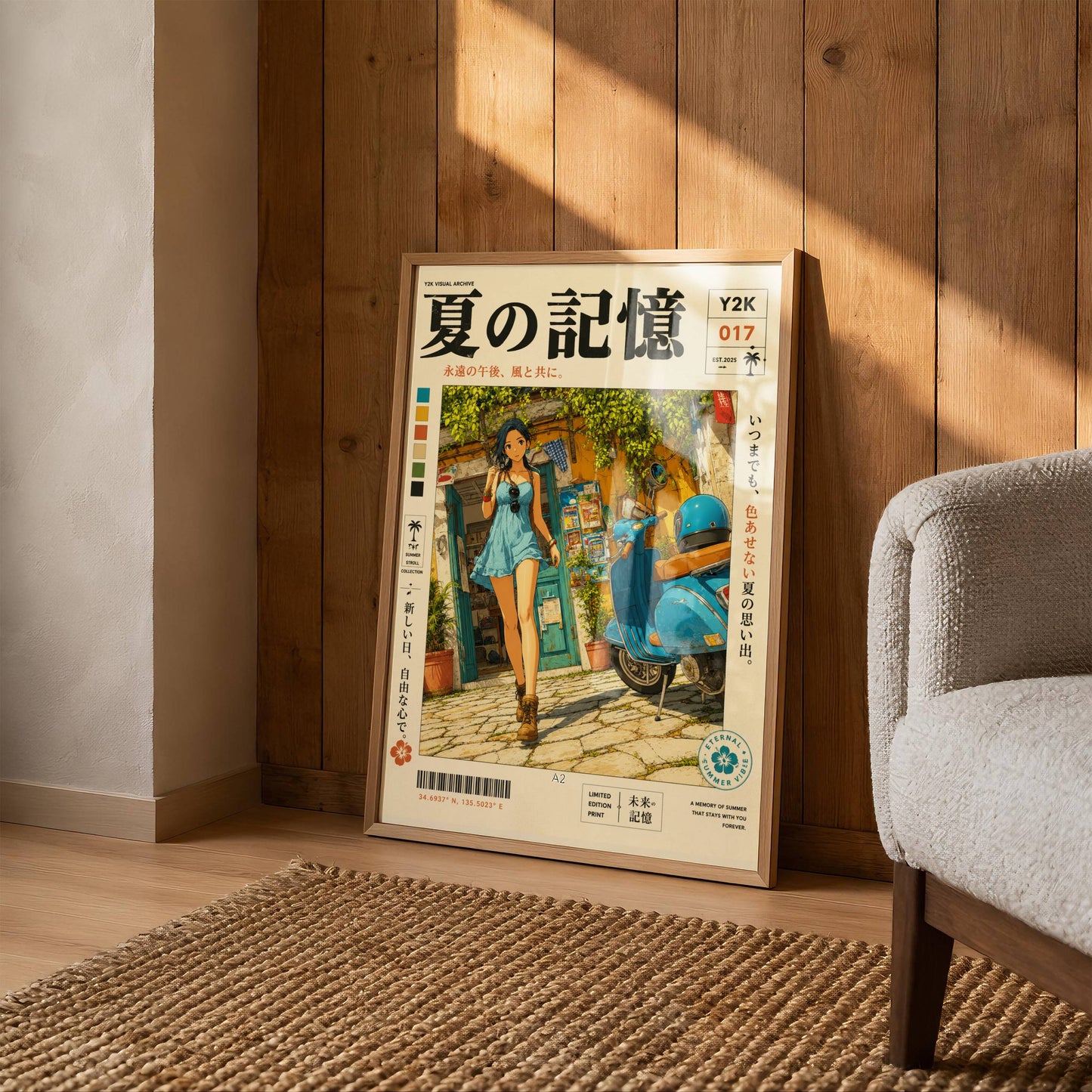Mediterranean Summer Stroll – Y2K Scooter Girl Poster, Vintage Coastal Village, Anime Aesthetic Wall Art