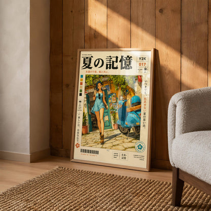 Mediterranean Summer Stroll – Y2K Scooter Girl Poster, Vintage Coastal Village, Anime Aesthetic Wall Art