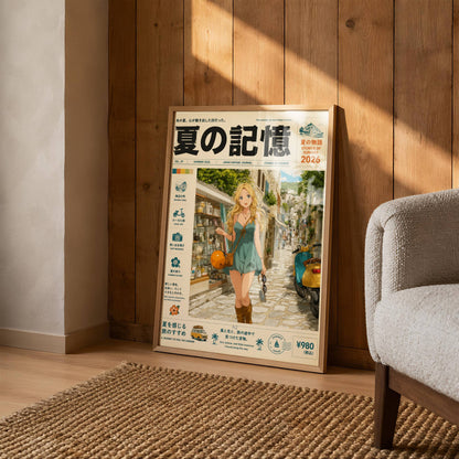 Golden Hour Stroll – Y2K Mediterranean Summer Poster, Blonde Girl in Coastal Village, Vintage Holiday Magazine Cover Art
