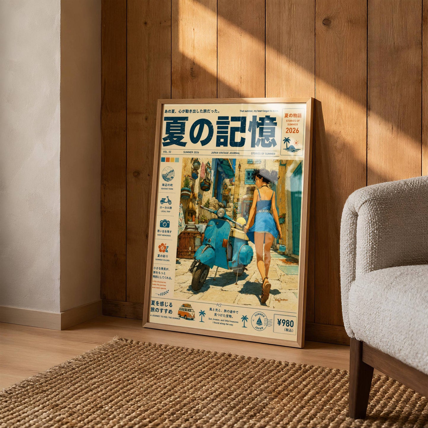 Azure Scooter Getaway – Y2K Summer Poster, Blue Vespa & Mediterranean Alley, Vintage Coastal Holiday Wall Art