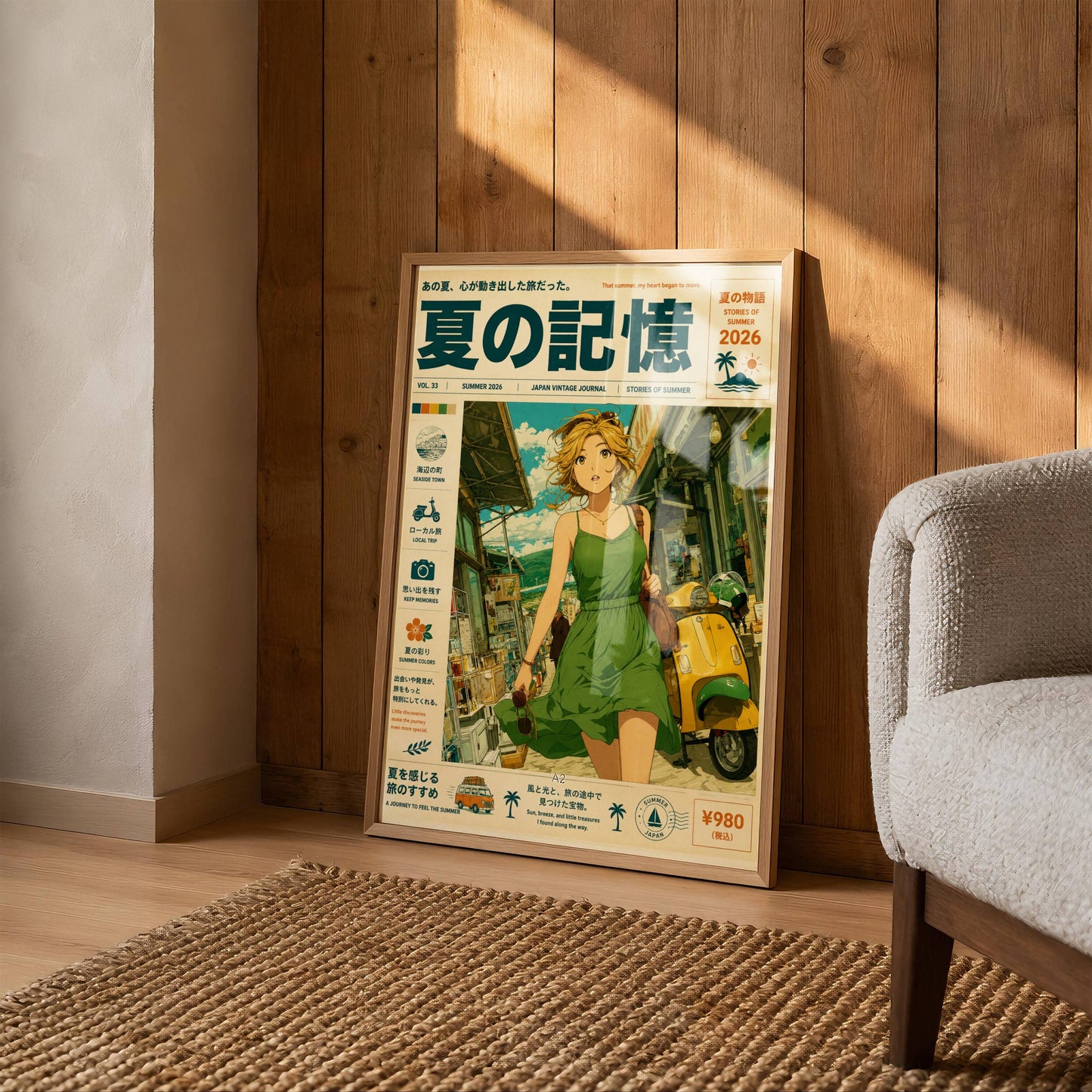 Emerald Summer Runaway – Y2K Coastal Poster, Green Dress Girl & Yellow Vespa, Mediterranean Village Wall Art
