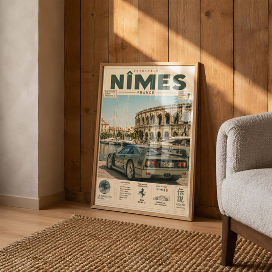 Ferrari F40 Nîmes Vintage Travel Poster – Affiche Automobile Rétro France & Supercar Iconique