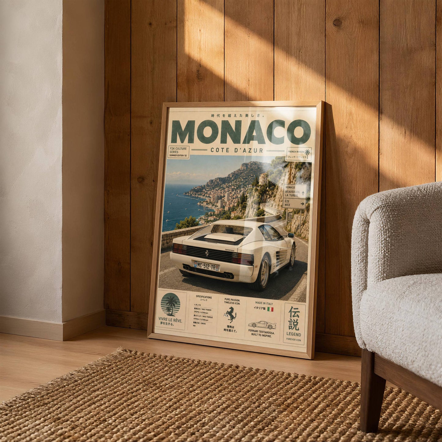 Ferrari Testarossa Monaco Riviera Poster – Affiche Vintage Côte d’Azur & Supercar Italienne