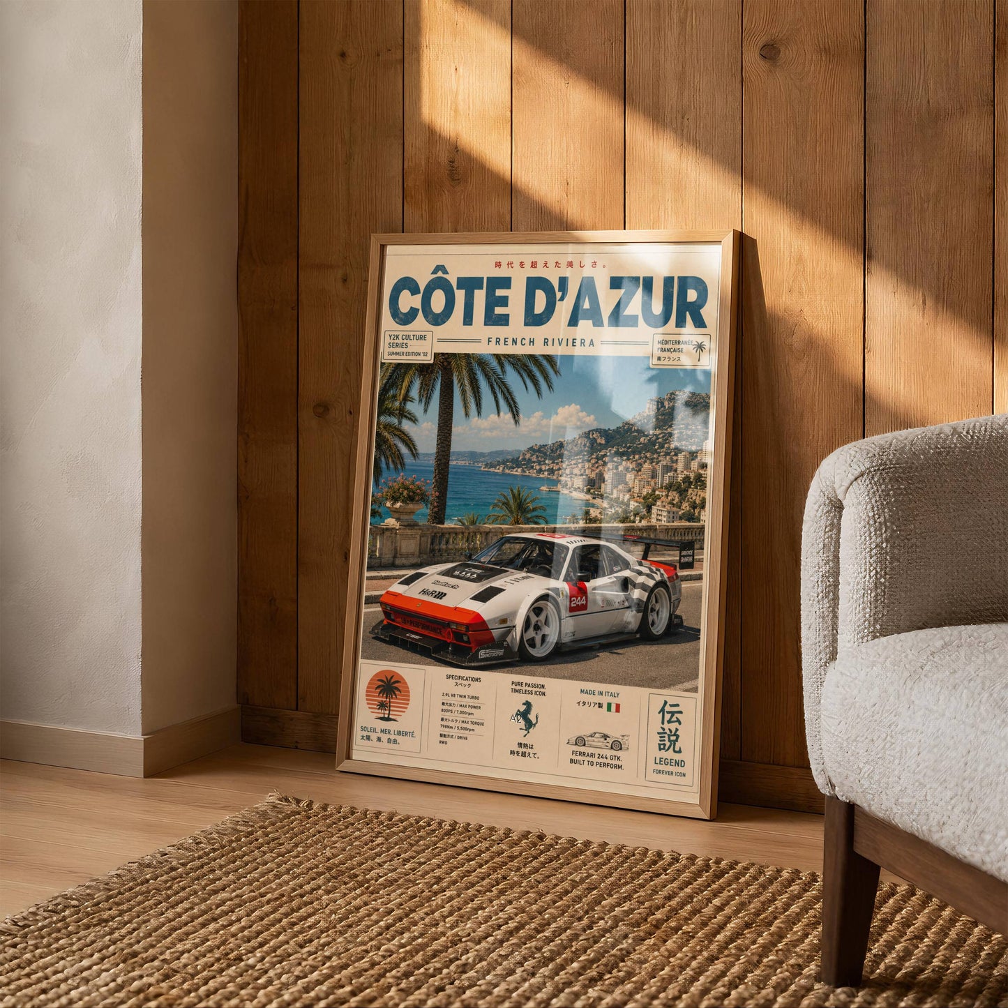 Ferrari 244 GTK Côte d’Azur Poster Vintage – Affiche Riviera Française & Voiture de Collection