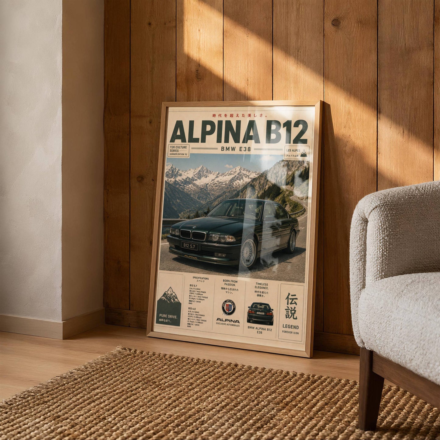 BMW Alpina B12 E38 Mountain Pass Poster – Affiche Automobile Vintage Alpes & Youngtimer de Prestige