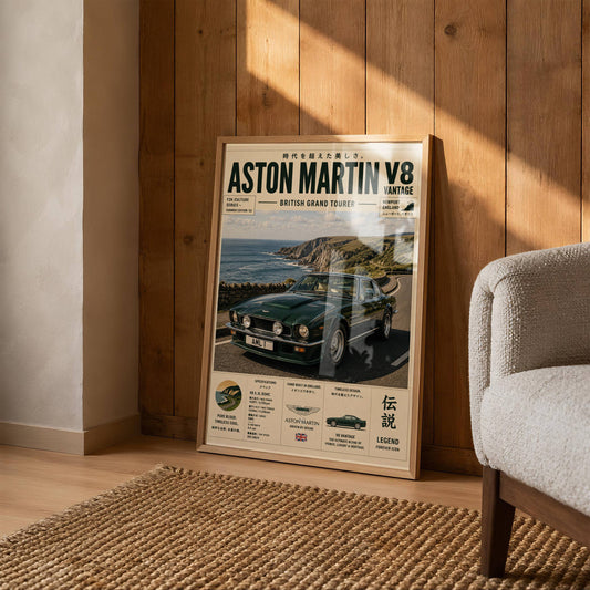 Aston Martin V8 Vantage Coastal Drive Poster – Affiche Automobile Vintage British GT & Road Trip