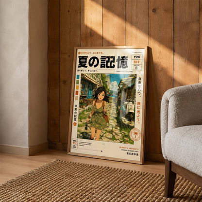 Sunlit Village Dreams – Y2K Summer Girl Poster, Mediterranean Alleyway, Coastal Escape, Retro Anime Wall Art