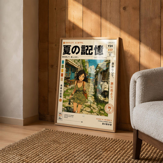 Sunlit Village Dreams – Y2K Summer Girl Poster, Mediterranean Alleyway, Coastal Escape, Retro Anime Wall Art