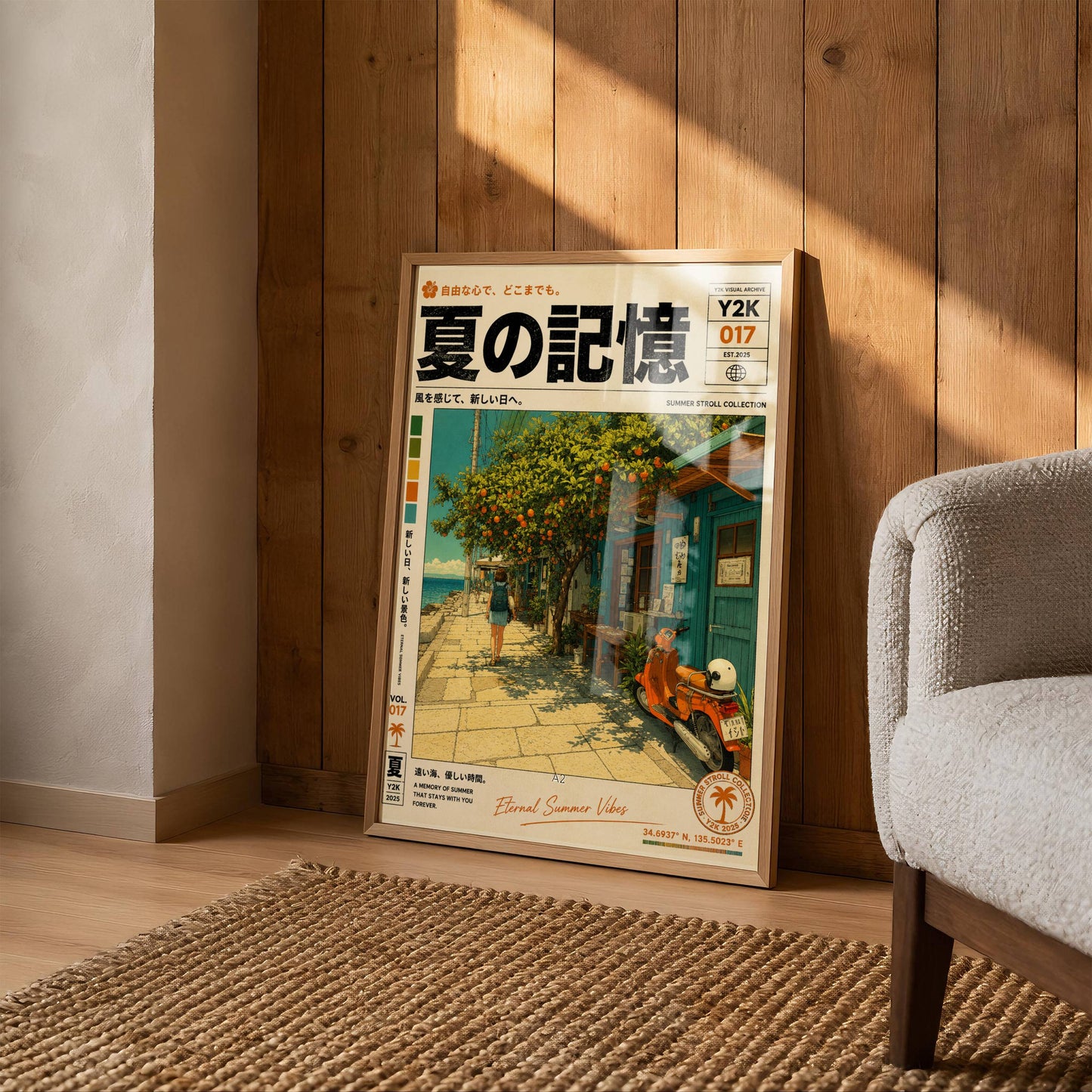 Azure Coast Hideaway – Vintage Scooter Poster, Mediterranean Seaside Street, Y2K Summer Archive, Retro Travel Wall Art