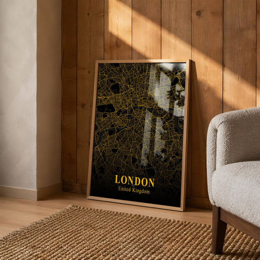 Vintage Gold City Map Poster –Londres UK Street Map Print, Black & Gold Wall Art, Boho Modern Home Decor