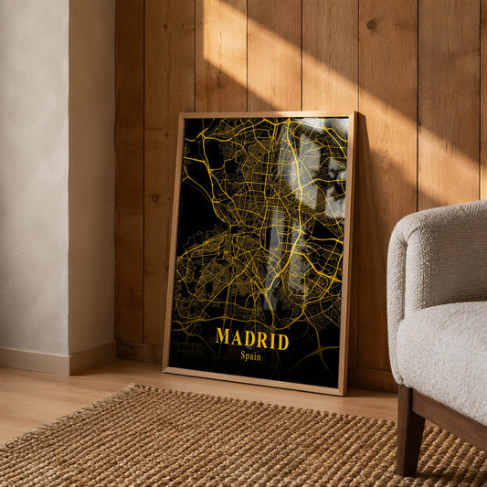 Vintage Gold City Map Poster – Madrid Espagne Street Map Print, Black & Gold Wall Art, Boho Modern Home Decor