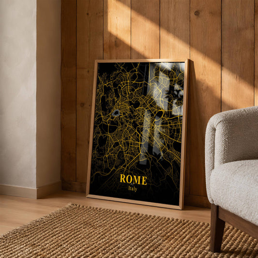 Vintage Gold City Map Poster – Rome Italia Street Map Print, Black & Gold Wall Art, Boho Modern Home Decor
