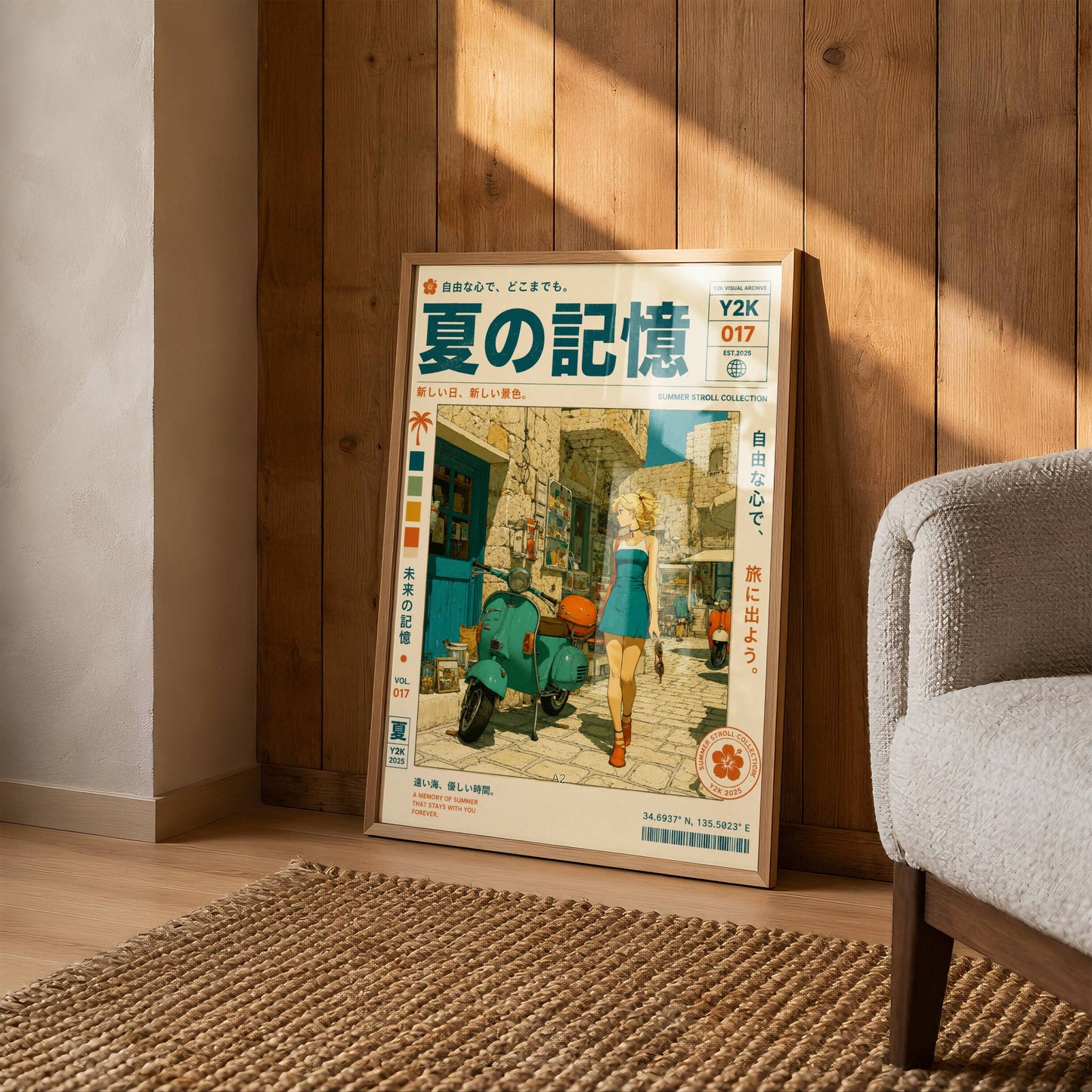 Scooter Rendez-vous – Y2K Summer Girl Poster, Mediterranean Stone Village, Vintage Vespa Aesthetic, Coastal Holiday Wall Art