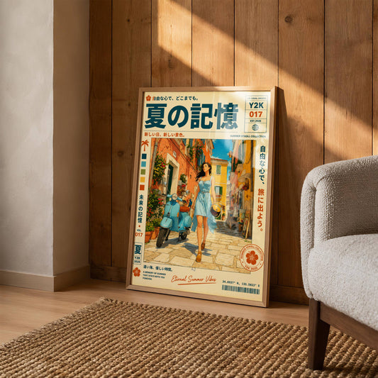 Sunlit Vespa Boulevard – Y2K Mediterranean Summer Poster, Blue Scooter Girl, Coastal Village Wanderlust, Vintage Travel Art
