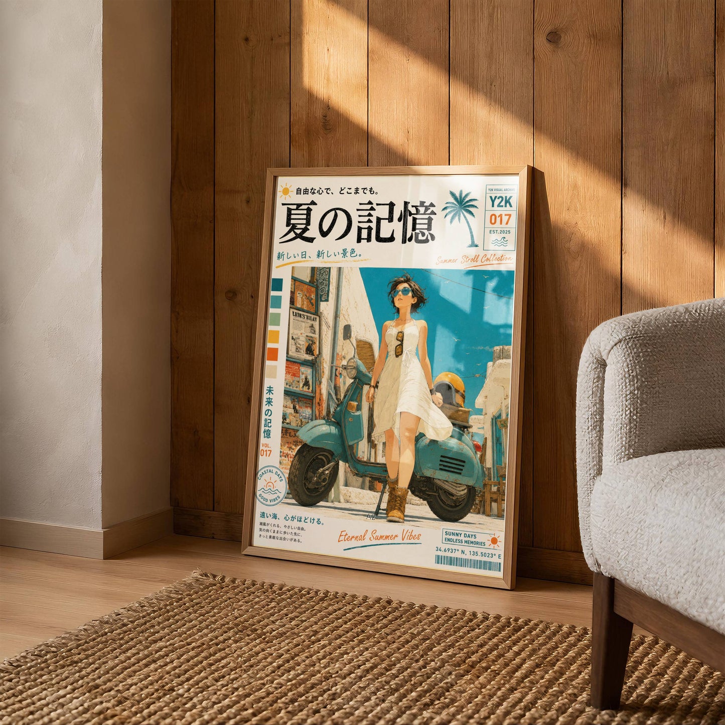 White Dress, Blue Horizons – Y2K Mediterranean Summer Poster, Vintage Scooter Aesthetic, Seaside Escape Wall Art, Coastal Dreamscape