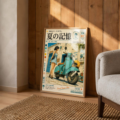 Blue Vespa Afternoon – Y2K Summer Memories Poster, Mediterranean Scooter Girl, Vintage Coastal Street Scene, Retro Travel Print