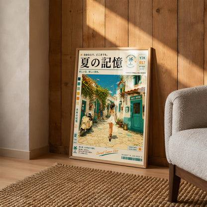 Mediterranean White Streets – Y2K Summer Girl Poster, Sunlit Coastal Village, Vintage Holiday Aesthetic, Seaside Wanderlust Print