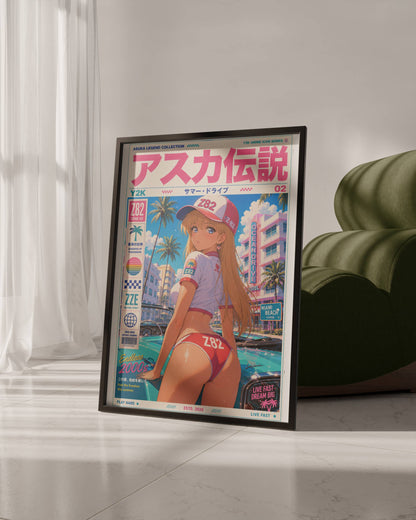Y2K Summer Drive Poster | Retro Anime Beach Art Print | Miami Ocean Breeze Wall Decor | Vaporwave Pop Culture Poster