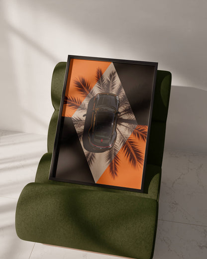 Affiche Porsche Vue Aérienne – Design Graphique Moderne & Ombres de Palmiers | Poster Automobile Premium
