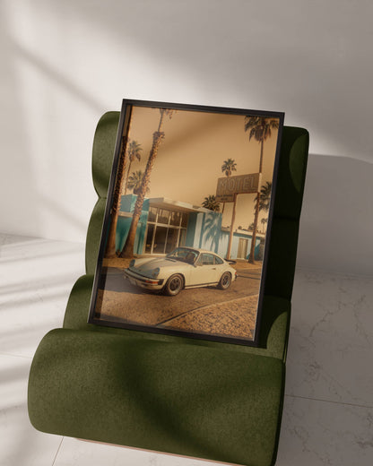 Affiche Porsche 911 devant Motel Vintage – Esprit Road Trip Américain & Architecture Mid-Century | Poster Automobile Rétro