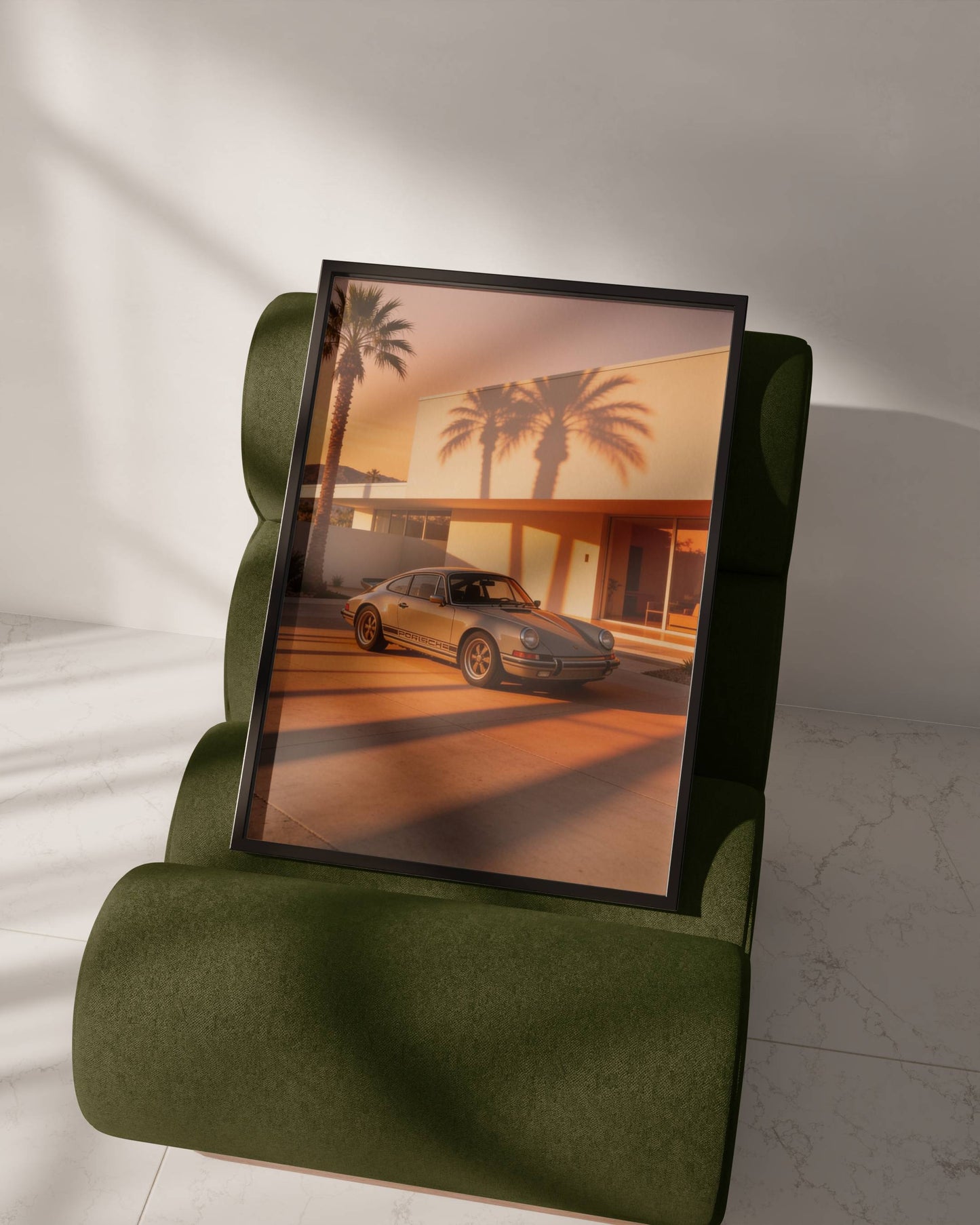 Affiche Porsche 911 au Coucher du Soleil – Lumière Californienne & Ombres de Palmiers | Poster Automobile Vintage Premium