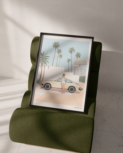 Affiche Porsche Vintage devant Motel Rétro – Californian Dream & Lifestyle Estival | Poster Automobile Chic
