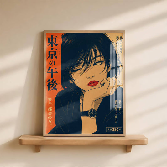 Affiche Tokyo City Pop Vintage | Femme Japonaise Rétro | Poster Manga Y2K | Art Mural Orange & Bleu | Décoration Aesthetic