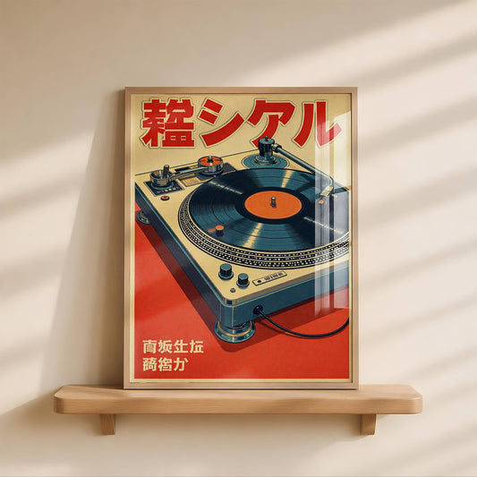 Affiche vintage platine vinyle japonaise – Décoration rétro musique, illustration tourne-disque, poster style japonais
