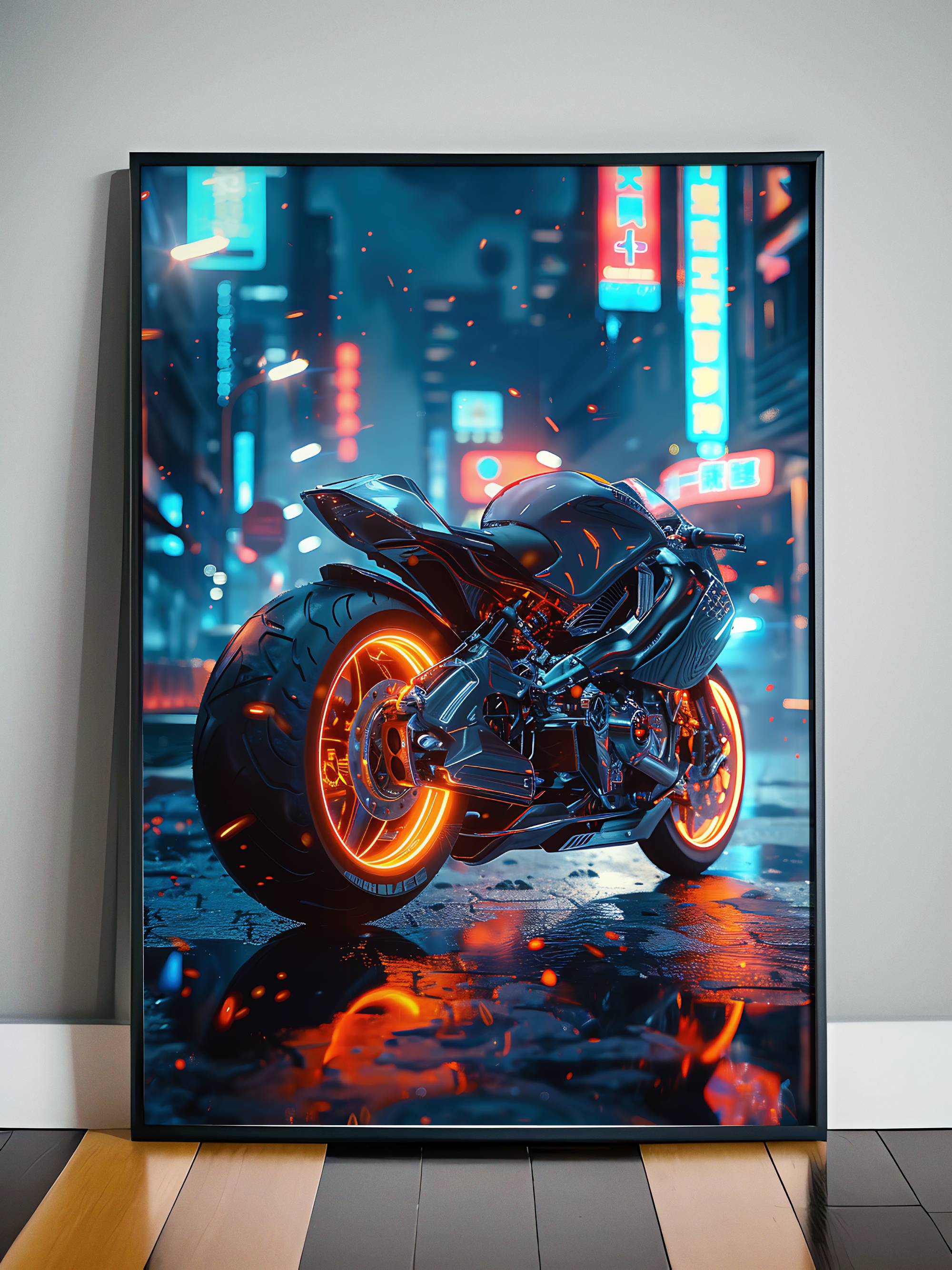 🏍️🏁🔧 Moto Cyberpunk Série futuriste #️⃣17  - (Affiche encadrée métal)