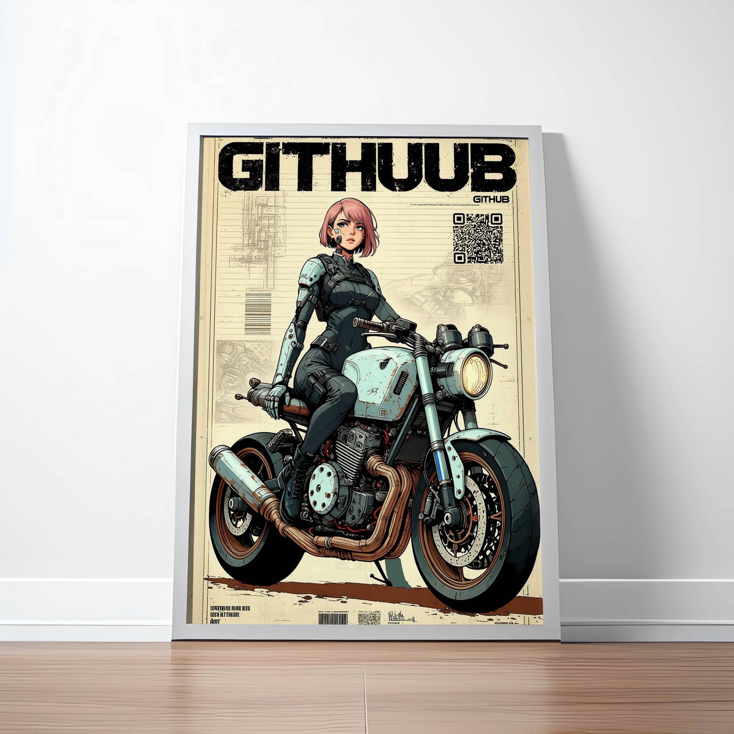 Affiche cyberpunk motarde #2 – illustration néon futuriste