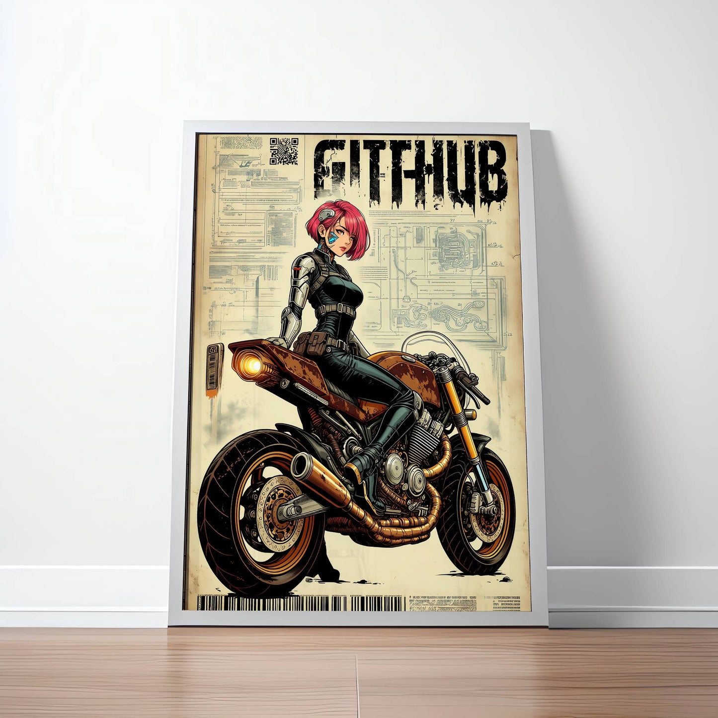 Affiche cyberpunk motarde #5 – illustration futuriste moto
