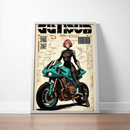Affiche cyberpunk motarde #4 – art digital cyberpunk