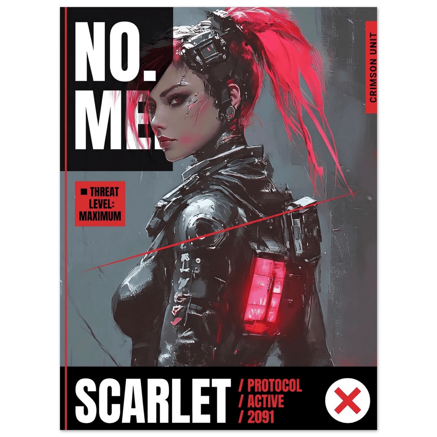 ☣️🧬 Série limitée Art Cyberpunk - Poster Cybergirl Scarlet - Aura Studio Déco