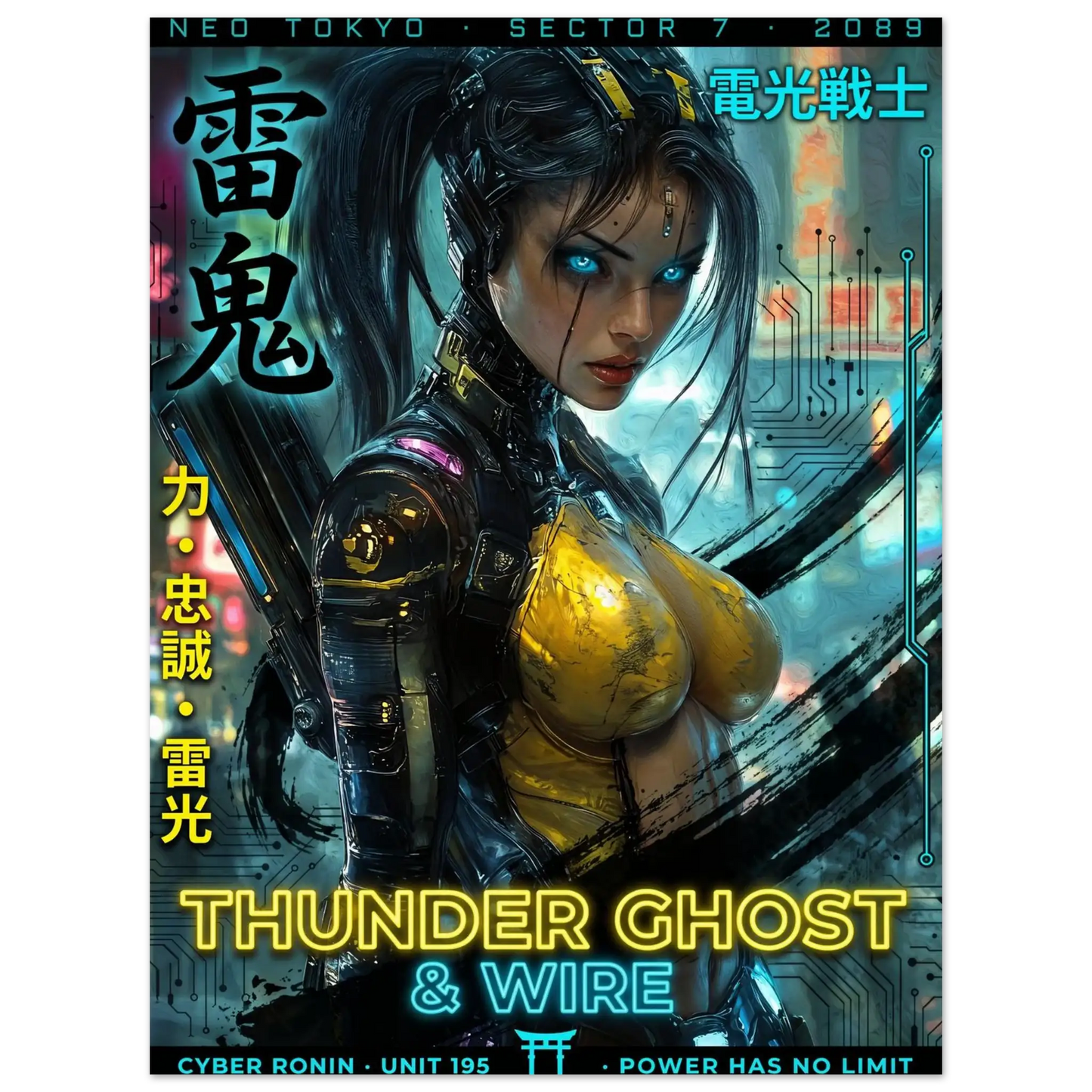 ☣️🧬 Série limitée Art Cyberpunk - Poster Cybergirl Thunder Ghost - Aura Studio Déco