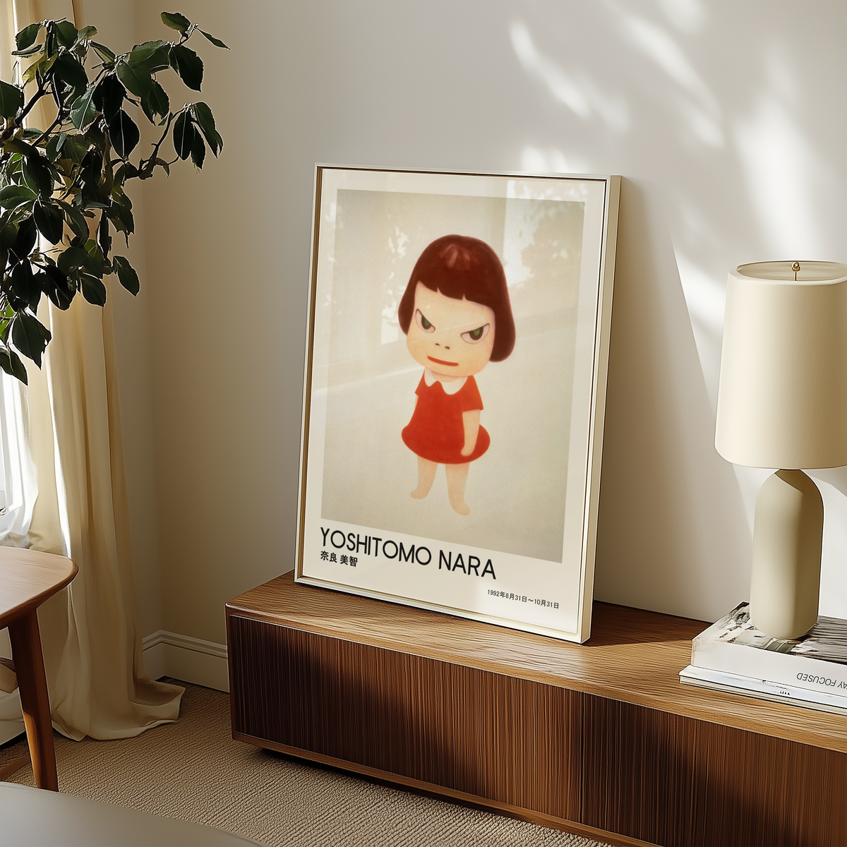 Yoshitomo Nara Girl in Red Dress Poster, Japanese Contemporary Art Print, Minimalist Wall Decor, Green Eyes Artwork