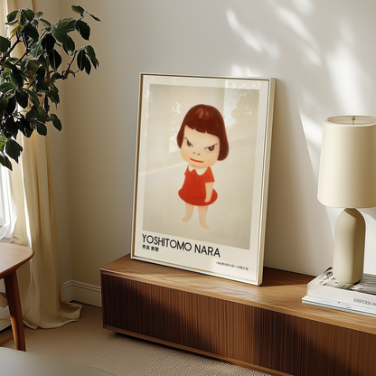 Yoshitomo Nara Girl in Red Dress Poster, Japanese Contemporary Art Print, Minimalist Wall Decor, Green Eyes Artwork