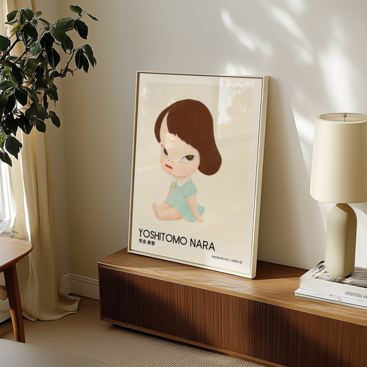 Yoshitomo Nara Seated Girl Poster, Japanese Art Print, Blue Dress Wall Decor, Contemporary Minimalist Girl Artwork