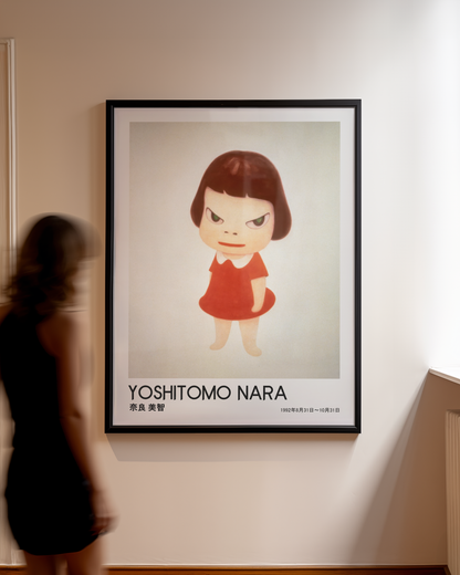 Yoshitomo Nara Girl in Red Dress Poster, Japanese Contemporary Art Print, Minimalist Wall Decor, Green Eyes Artwork