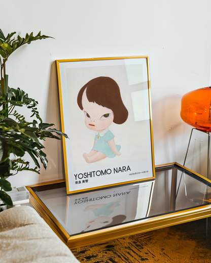 Yoshitomo Nara Seated Girl Poster, Japanese Art Print, Blue Dress Wall Decor, Contemporary Minimalist Girl Artwork