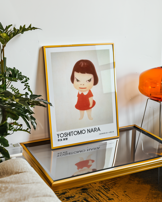 Yoshitomo Nara Girl in Red Dress Poster, Japanese Contemporary Art Print, Minimalist Wall Decor, Green Eyes Artwork