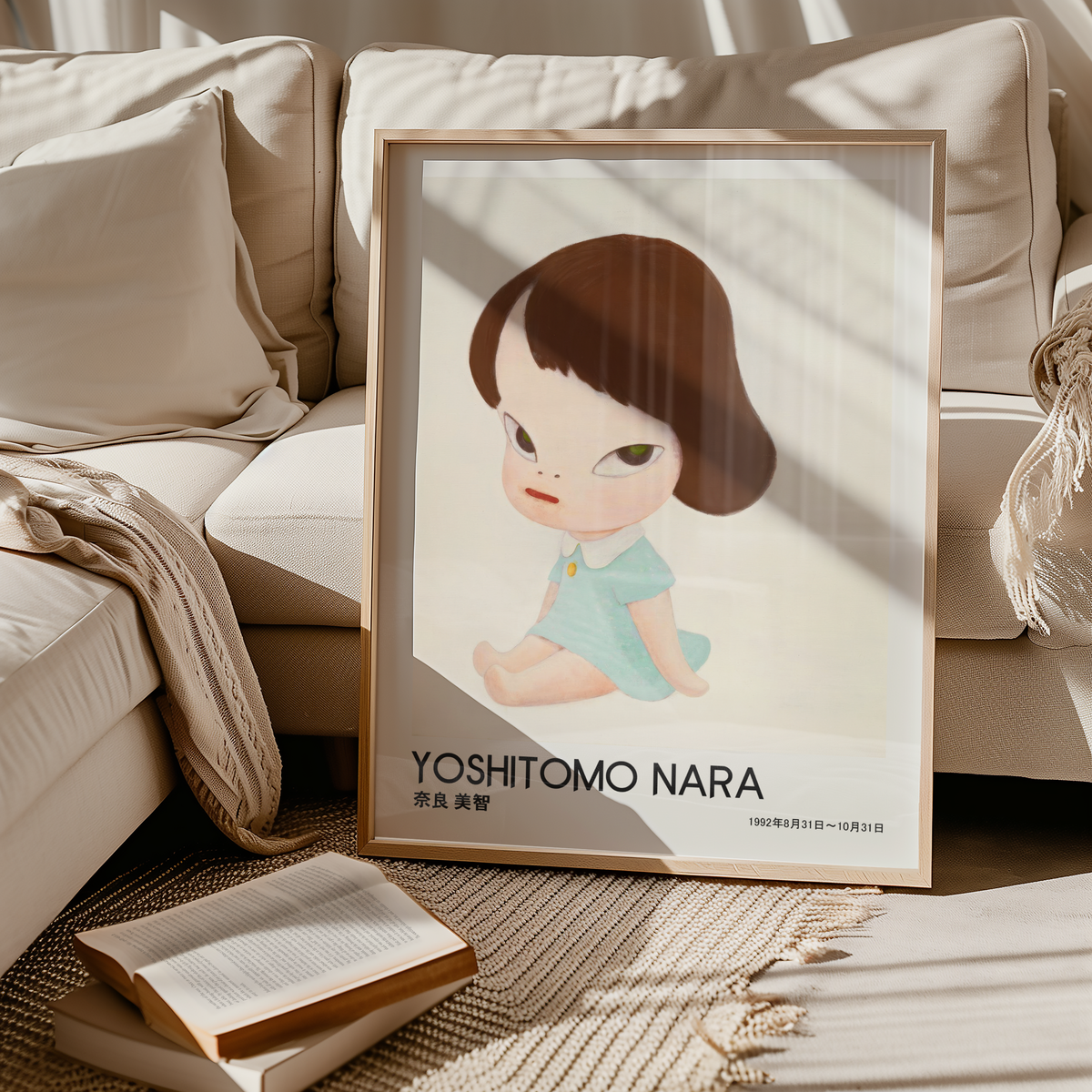 Yoshitomo Nara Seated Girl Poster, Japanese Art Print, Blue Dress Wall Decor, Contemporary Minimalist Girl Artwork