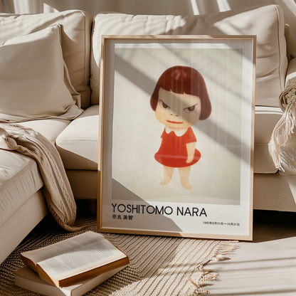 Yoshitomo Nara Girl in Red Dress Poster, Japanese Contemporary Art Print, Minimalist Wall Decor, Green Eyes Artwork