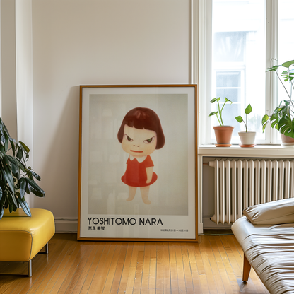 Yoshitomo Nara Girl in Red Dress Poster, Japanese Contemporary Art Print, Minimalist Wall Decor, Green Eyes Artwork