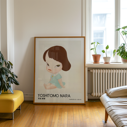 Yoshitomo Nara Seated Girl Poster, Japanese Art Print, Blue Dress Wall Decor, Contemporary Minimalist Girl Artwork