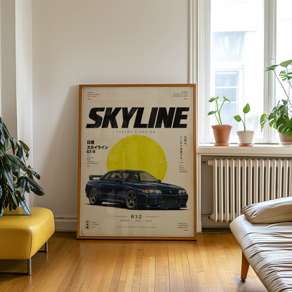 Blue Japanese Racing Car Poster, 90s JDM Wall Art, Retro Performance Coupe Print, Minimalist Motorsport Garage Decor