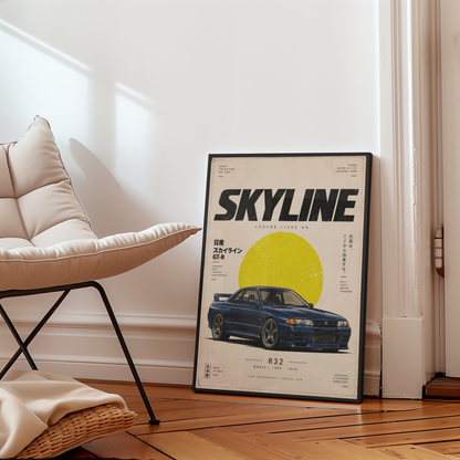 Blue Japanese Racing Car Poster, 90s JDM Wall Art, Retro Performance Coupe Print, Minimalist Motorsport Garage Decor