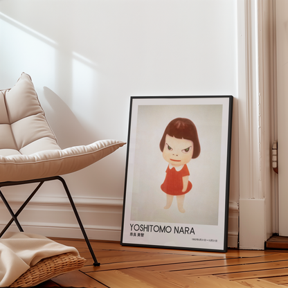 Yoshitomo Nara Girl in Red Dress Poster, Japanese Contemporary Art Print, Minimalist Wall Decor, Green Eyes Artwork