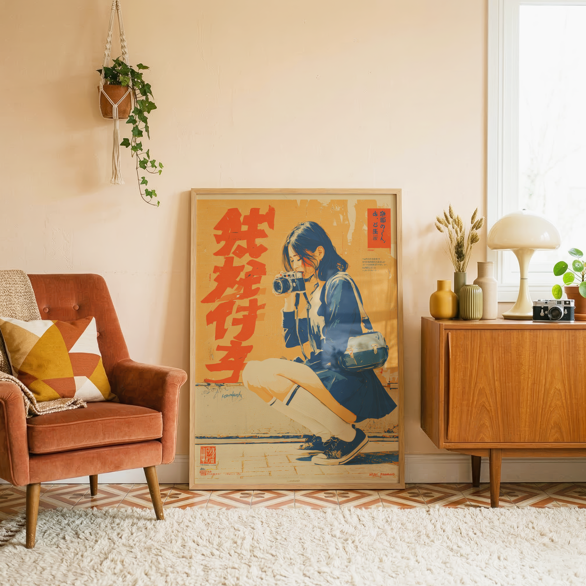 Affiche Japonaise Vintage Photographe, Femme avec Appareil Photo, Wall Art Rétro Japonais, Poster Orange et Bleu