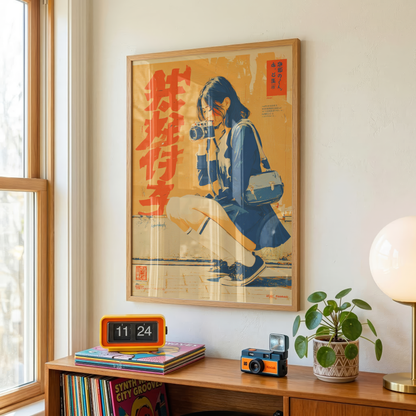 Affiche Japonaise Vintage Photographe, Femme avec Appareil Photo, Wall Art Rétro Japonais, Poster Orange et Bleu